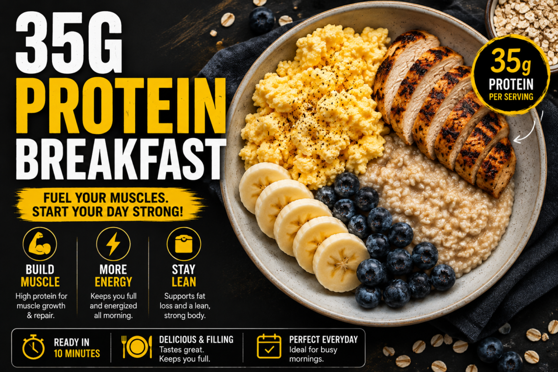 35g protein breakfast with eggs oats protein powder blueberries and banana