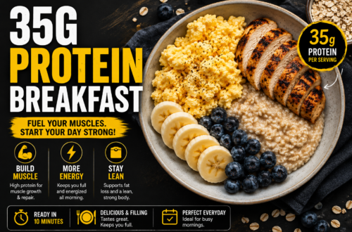 35g protein breakfast with eggs oats protein powder blueberries and banana