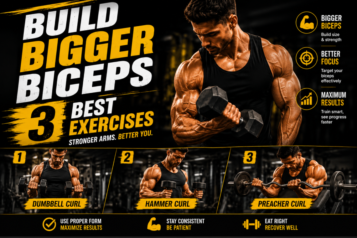 Bigger biceps exercises including dumbbell curls hammer curls and preacher curls