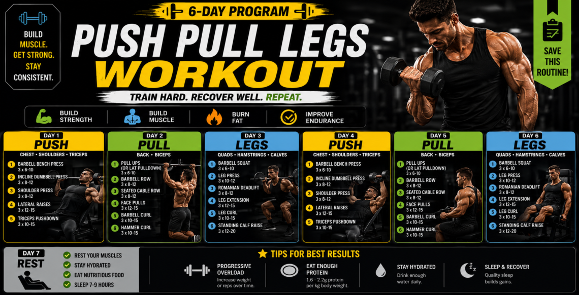 6-day push pull legs workout plan with push pull and leg exercises
