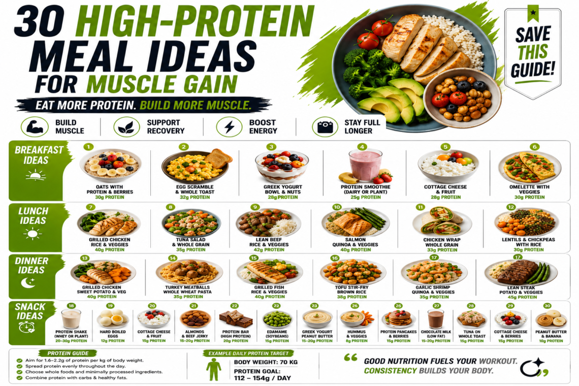 30 high protein meal ideas for muscle gain including breakfast lunch dinner and snacks