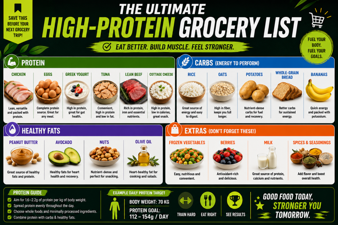 high protein grocery list for muscle gain with protein carbs healthy fats and extras