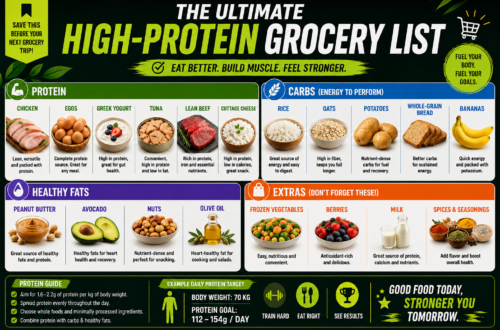 high protein grocery list for muscle gain with protein carbs healthy fats and extras