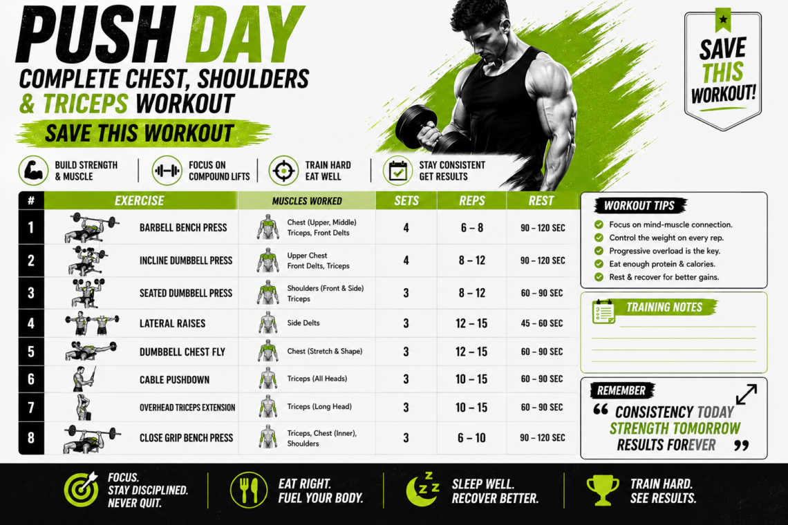 push day workout for chest shoulders and triceps with 8 exercises