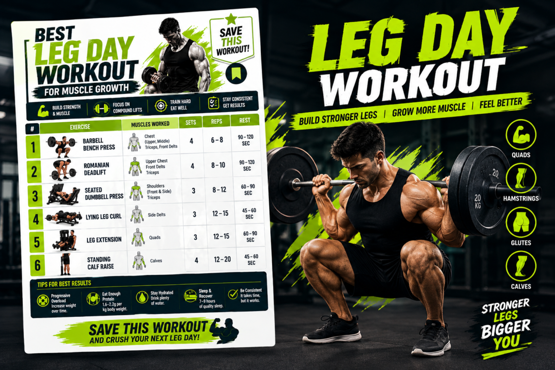 leg day workout with 6 exercises for muscle growth